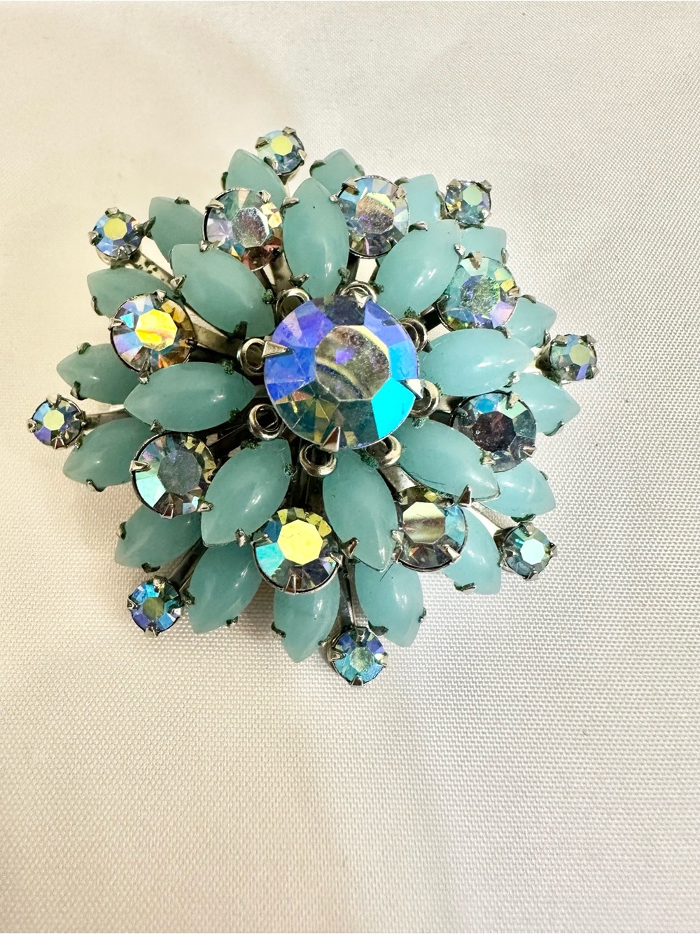 Elegant Vintage Aqua Crystal Flower Statement Brooch w/ AB Crystals